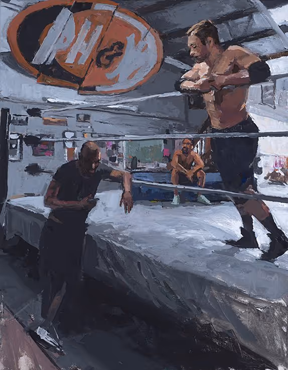 Painting of three men in a boxing gym, one shirtless on the ring ropes, one leaning on the ring, one sitting inside the ring.
