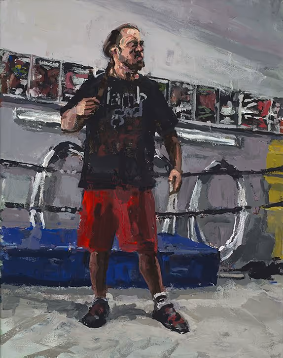 Painting of a man in red shorts and a black shirt standing in a gym with boxing rings in the background.