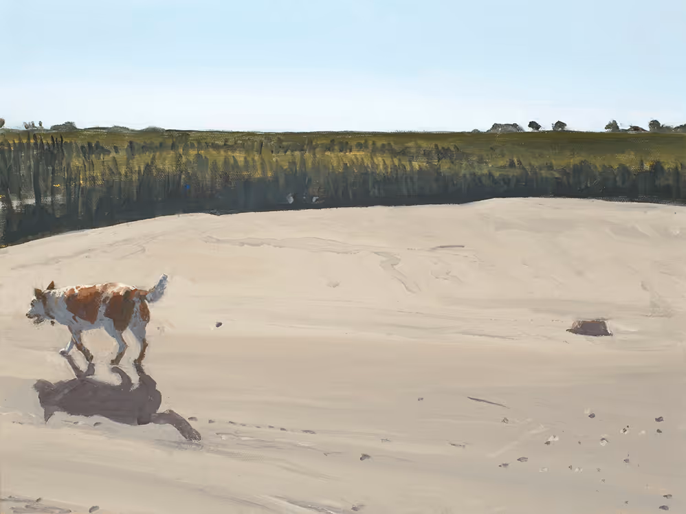 Painting of a small brown and white dog walking on a sandy ground near a green forest.