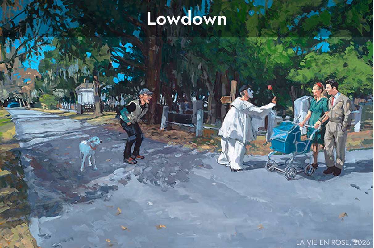Painting of a man in white offering a rose to a couple with a stroller on a shaded street with a dog nearby.