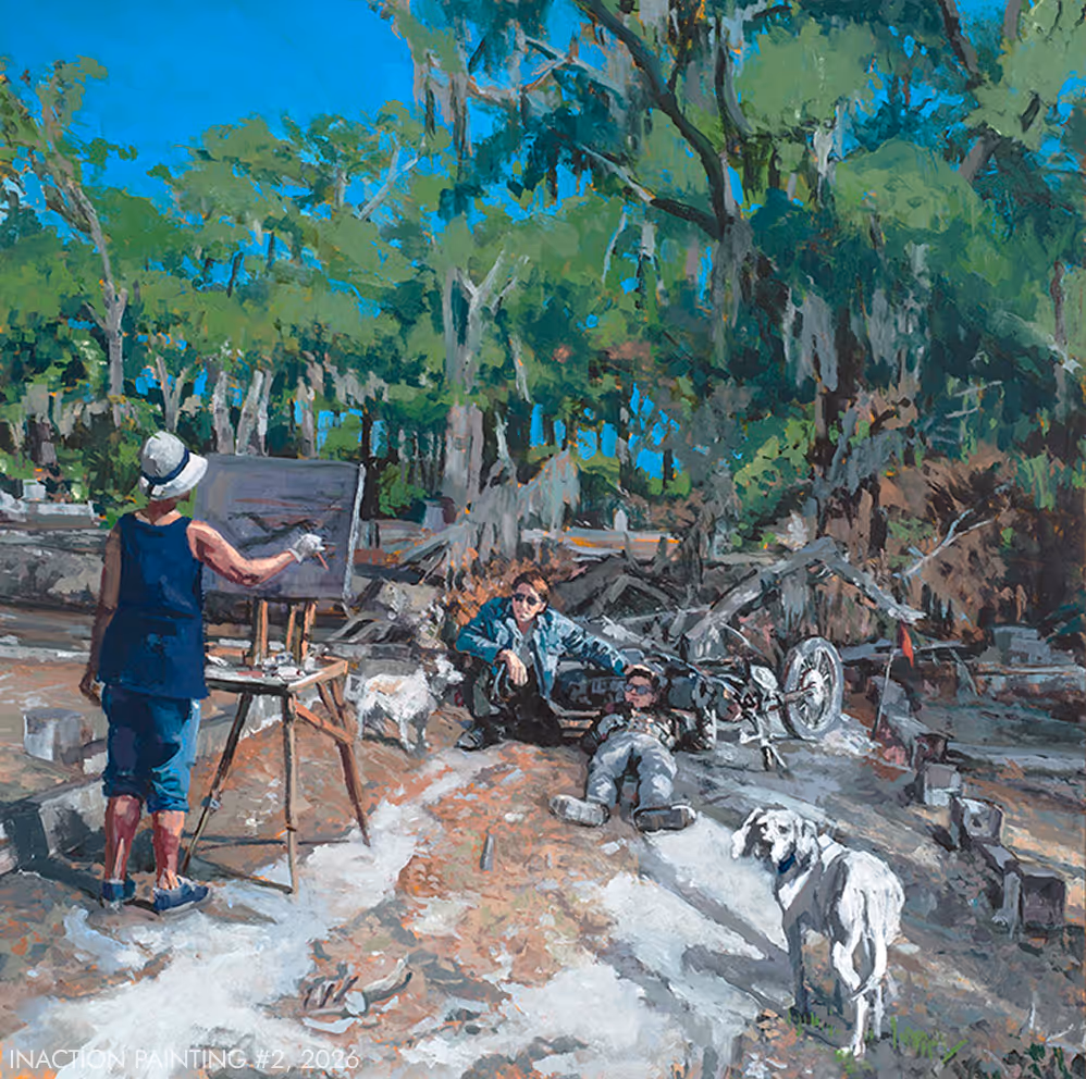 Person painting on easel outdoors near two people lying by a motorcycle and two dogs in wooded area.