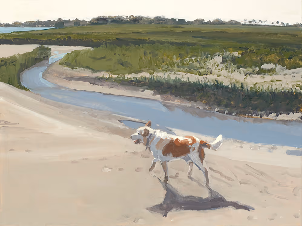 A white and brown dog walking along a sandy riverbank with green vegetation in background.