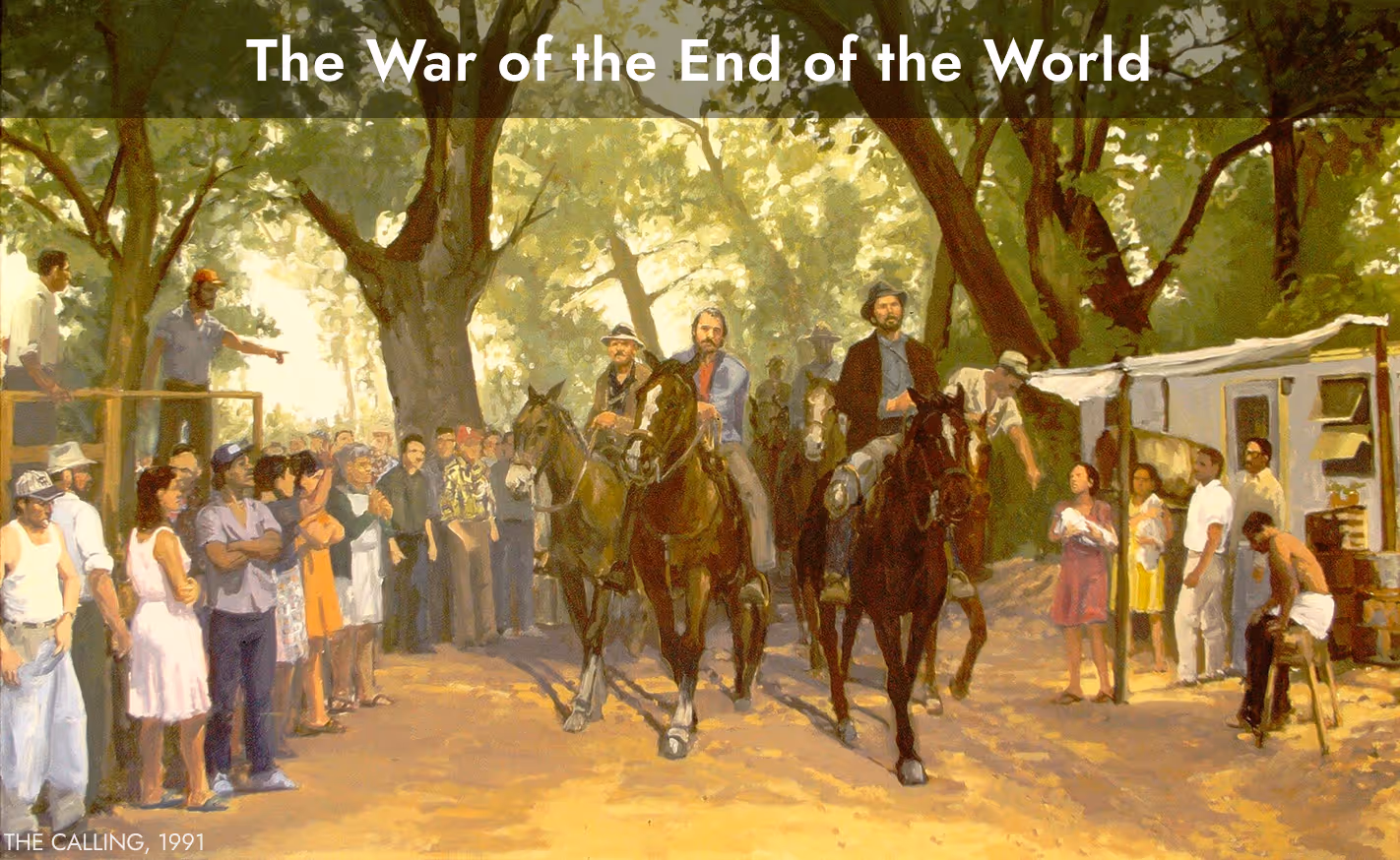 Painting titled 'The Calling, 1991' showing three men on horseback riding down a tree-lined path with crowds of people standing and watching on both sides.