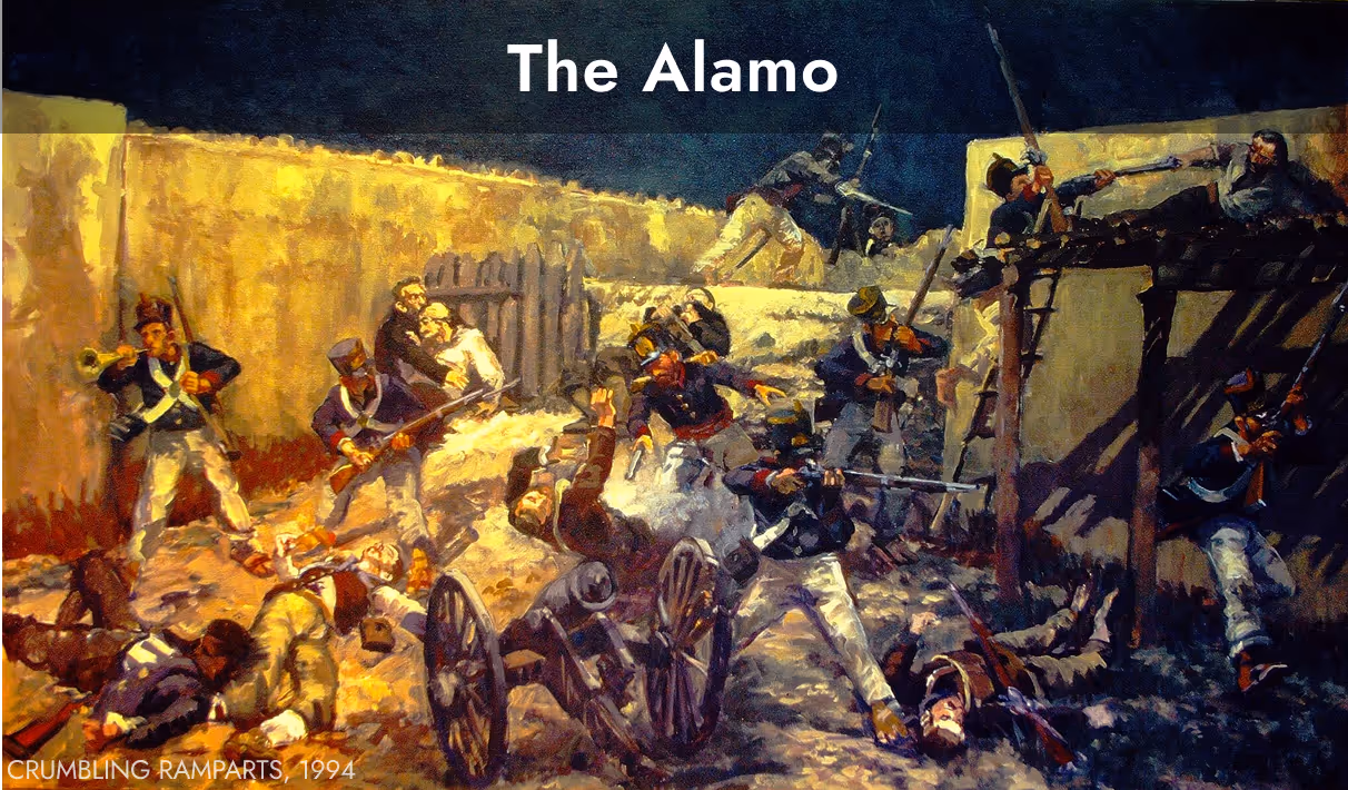 Painting depicting a battle scene at the Alamo with soldiers in 19th-century uniforms fighting with rifles and swords around a cannon and crumbling walls.