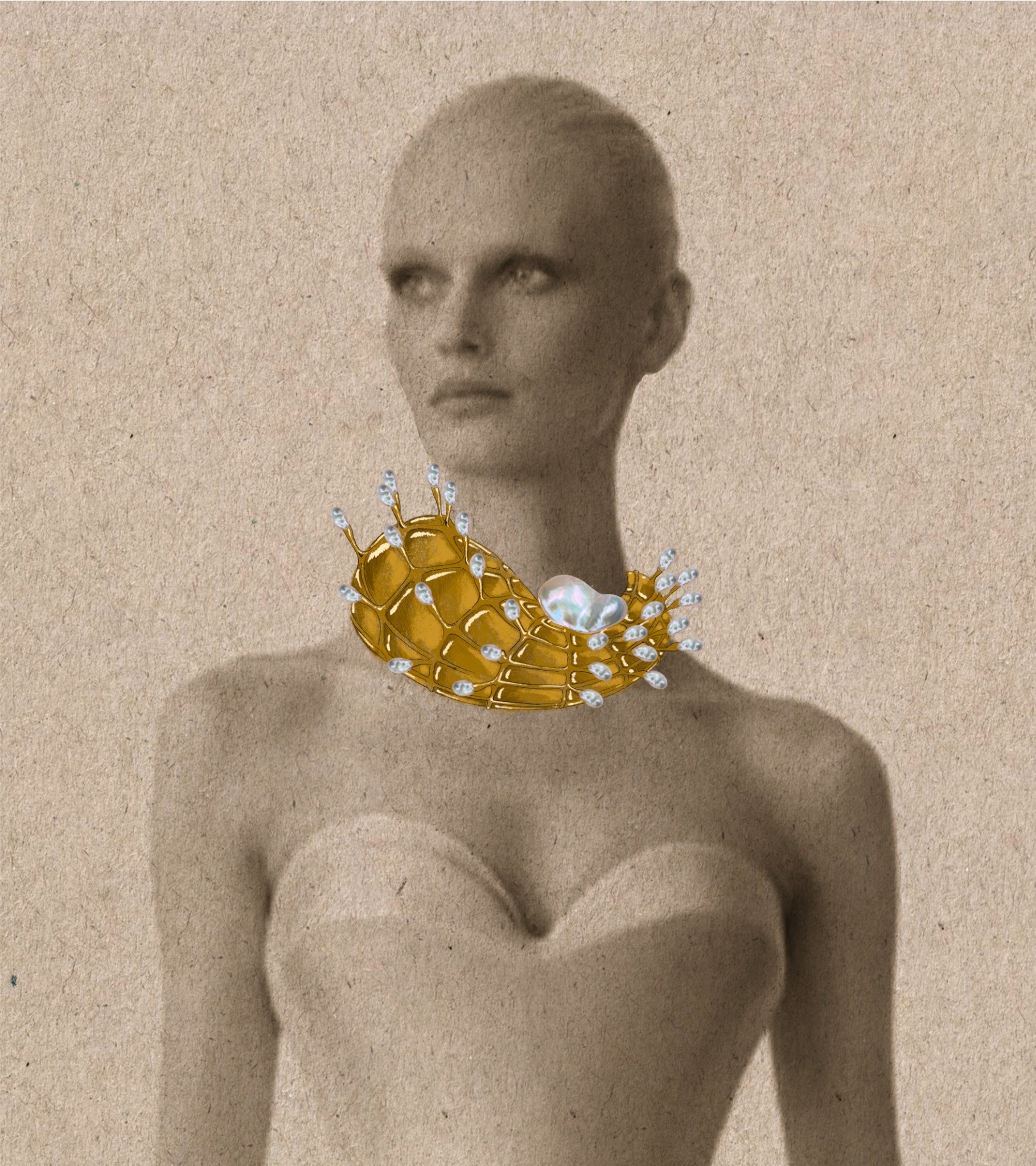 Black and white portrait of a model wearing a sculpted gold collar