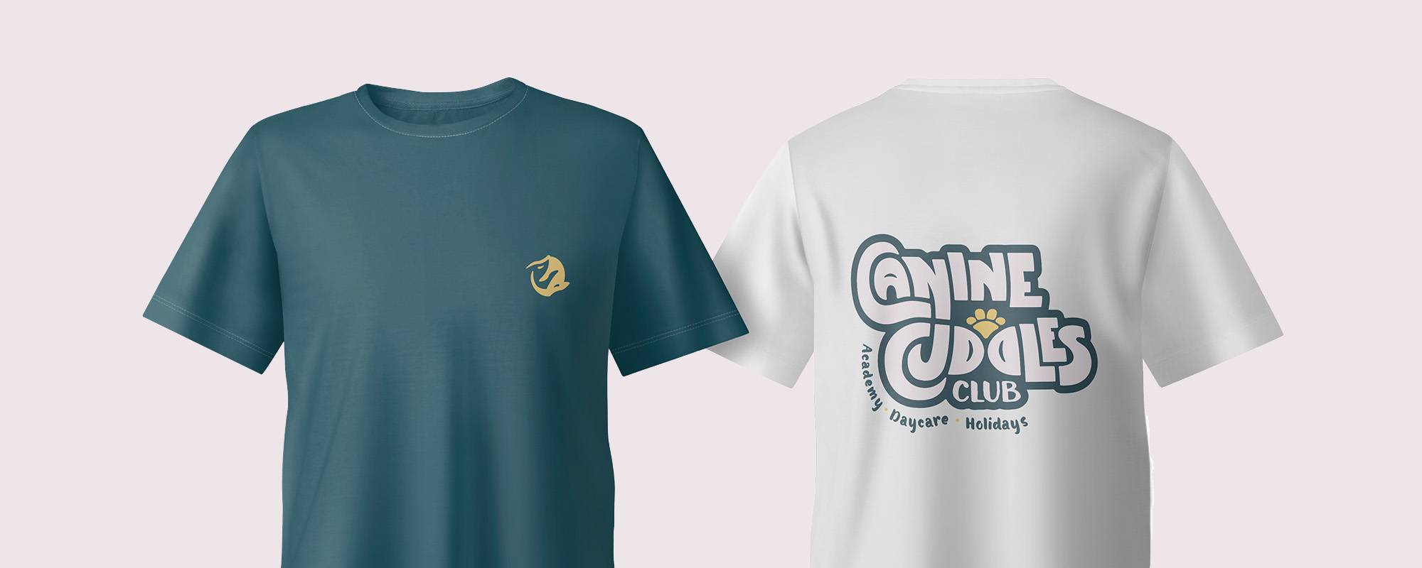 Front and back view of teal and white T-shirts with Canine Cuddles Club logo and paw print.