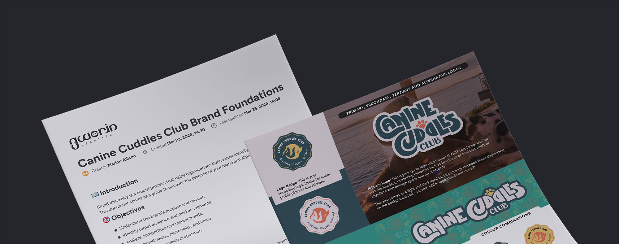 Brand guide for Canine Cuddles Club showing logos, objectives, and design elements on angled pages.