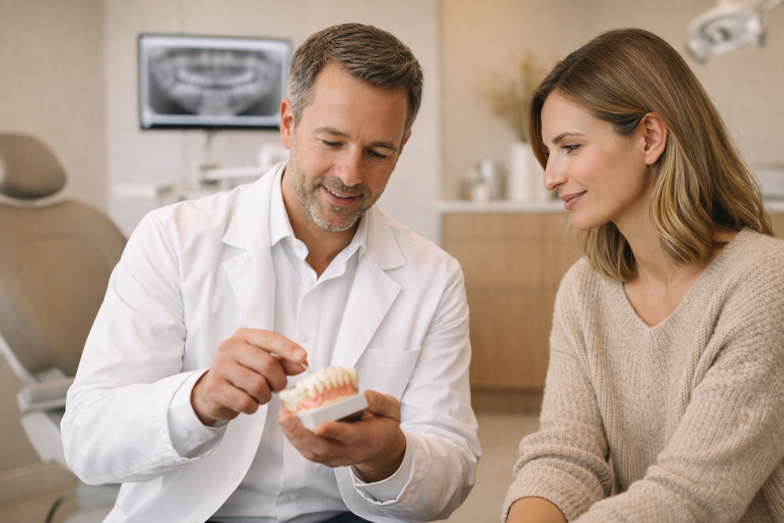 Praxisfotografie Zahnarzt – Zahnarzt erklärt einer Patientin eine Behandlung in moderner Zahnarztpraxis