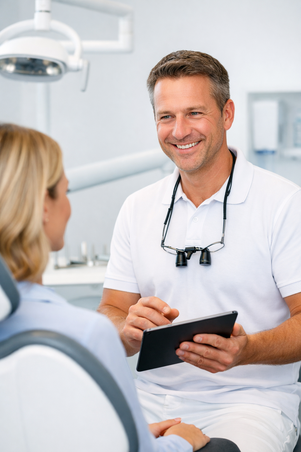 Beratungssituation Zahnarztpraxis – Zahnarzt erklärt Patientin ein Zahnmodell