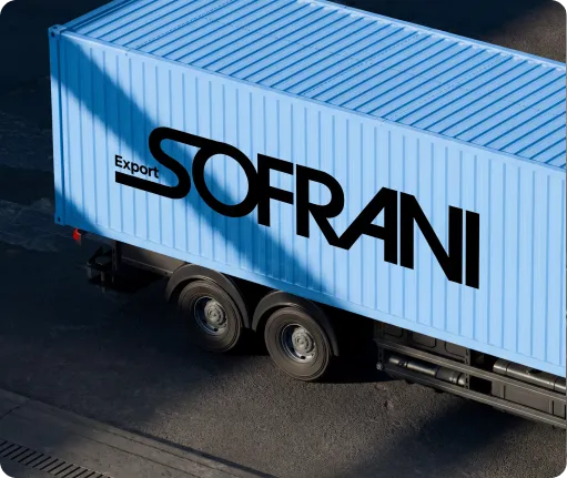 Blue shipping container trailer with the black text 'Export SOFRANI' on its side, parked on a paved surface with shadows.