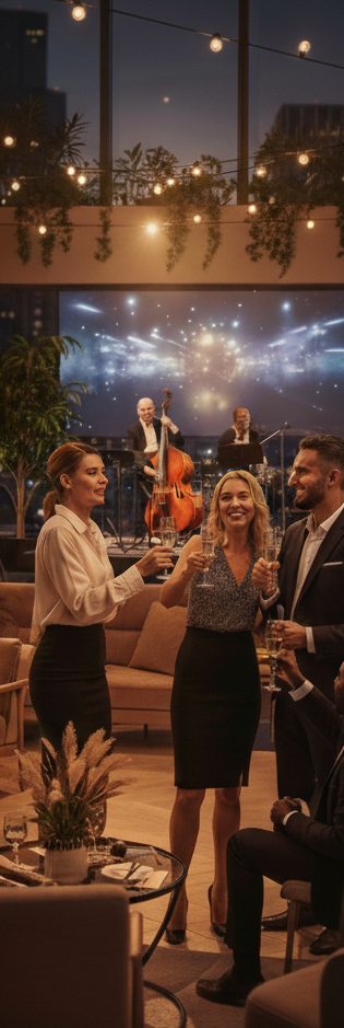 Group of well-dressed people raising glasses in a toast at an indoor event with live musicians playing in the background and string lights overhead.