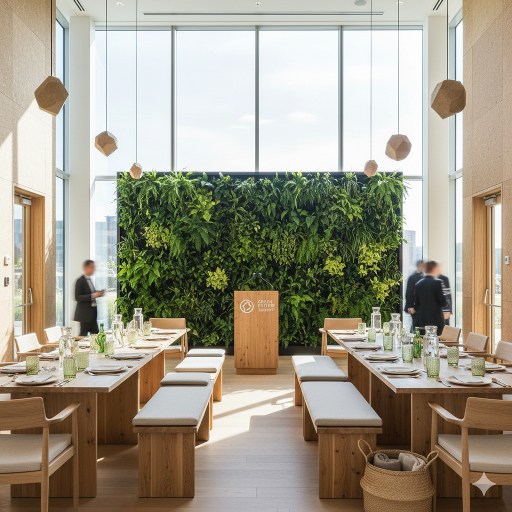 Bright modern dining area with wooden tables, cushioned benches, hanging geometric lights, and a large green plant wall behind a wooden podium.