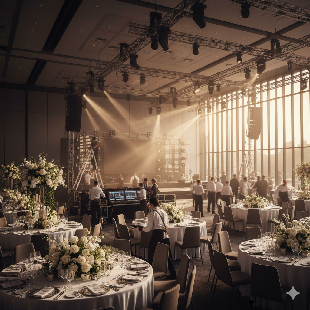 Elegant banquet hall with round tables set with white floral centerpieces and glassware, staff preparing near a large stage with lighting and sound equipment.