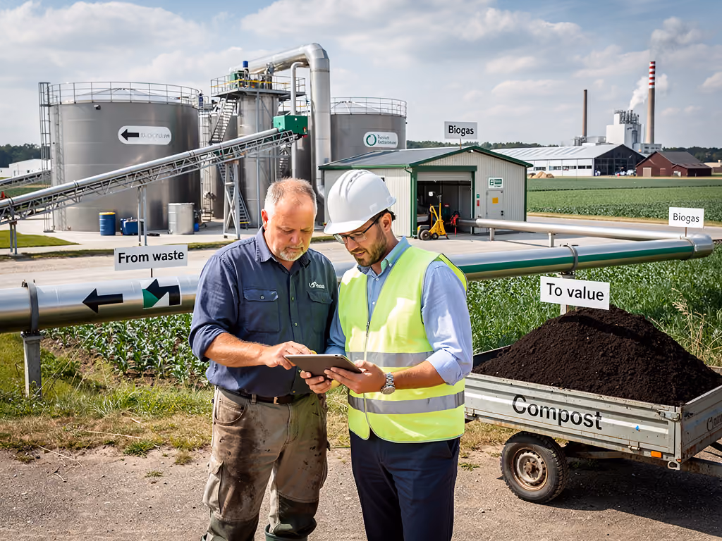 Unité de méthanisation transformant des déchets en biogaz et en compost