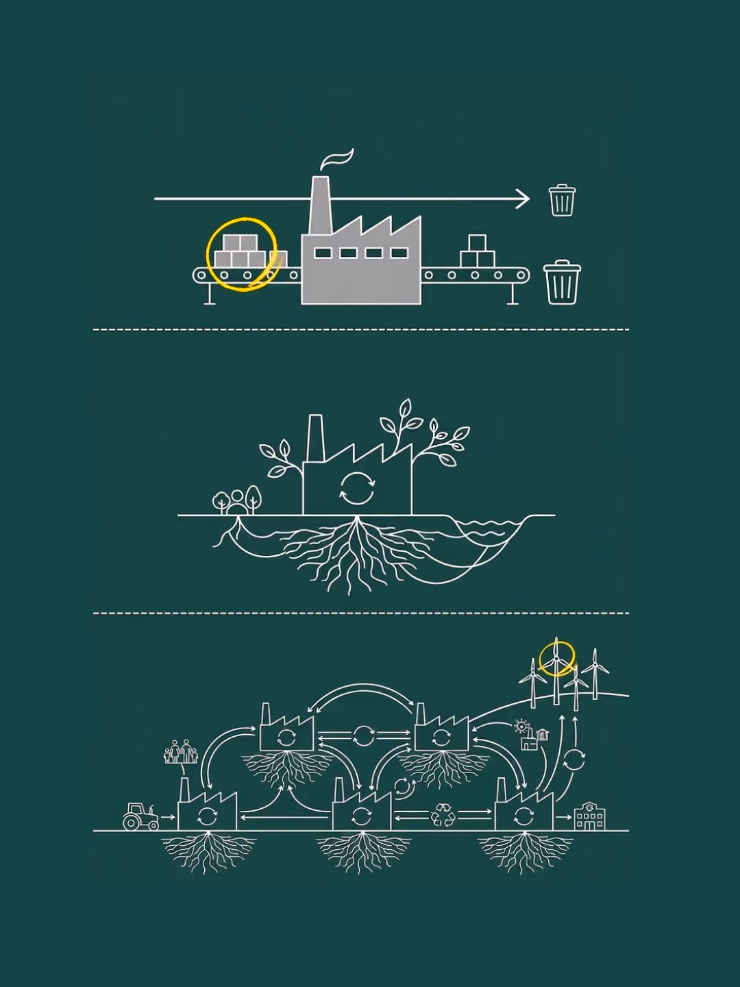 Schéma des trois archétypes : la Machine linéaire, l'Arbre enraciné et la Forêt interconnectée