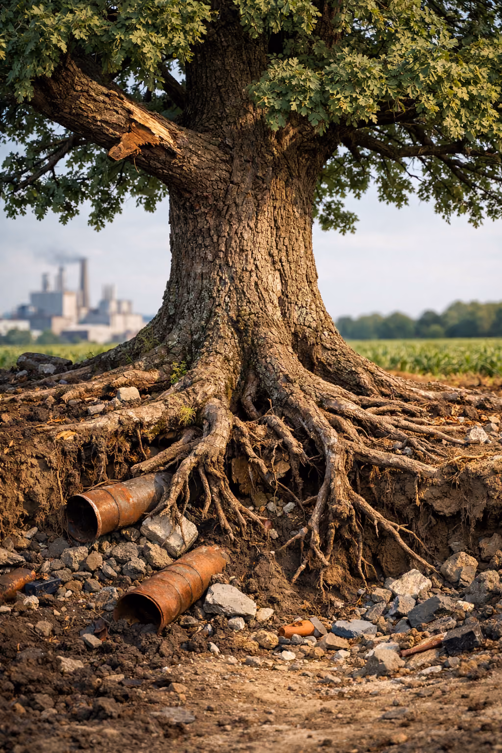 Arbre dont les racines apparentes enserrent des canalisations et des gravats