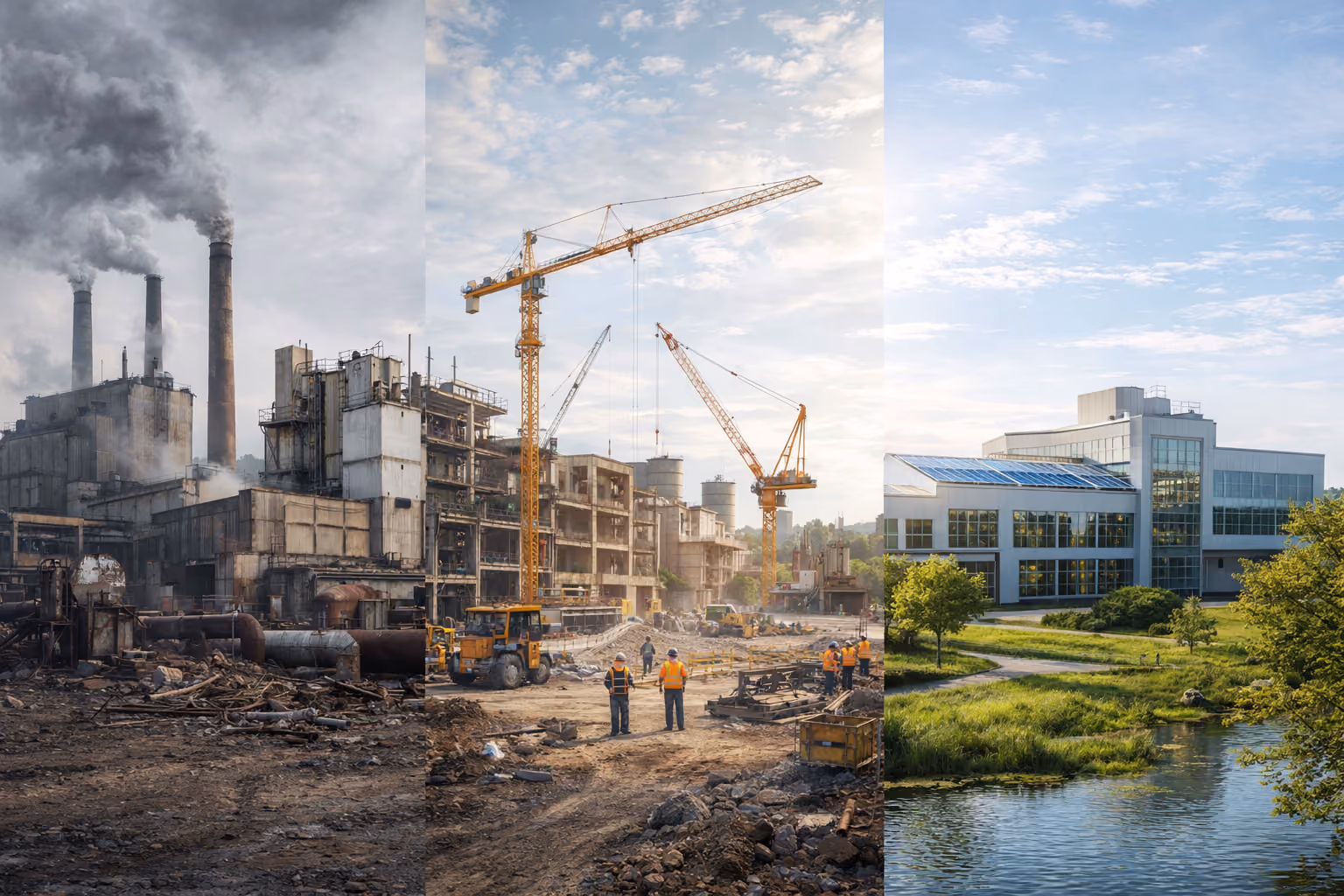 Triptyque de progression : usine polluante, chantier de transformation, bâtiment industriel végétalisé