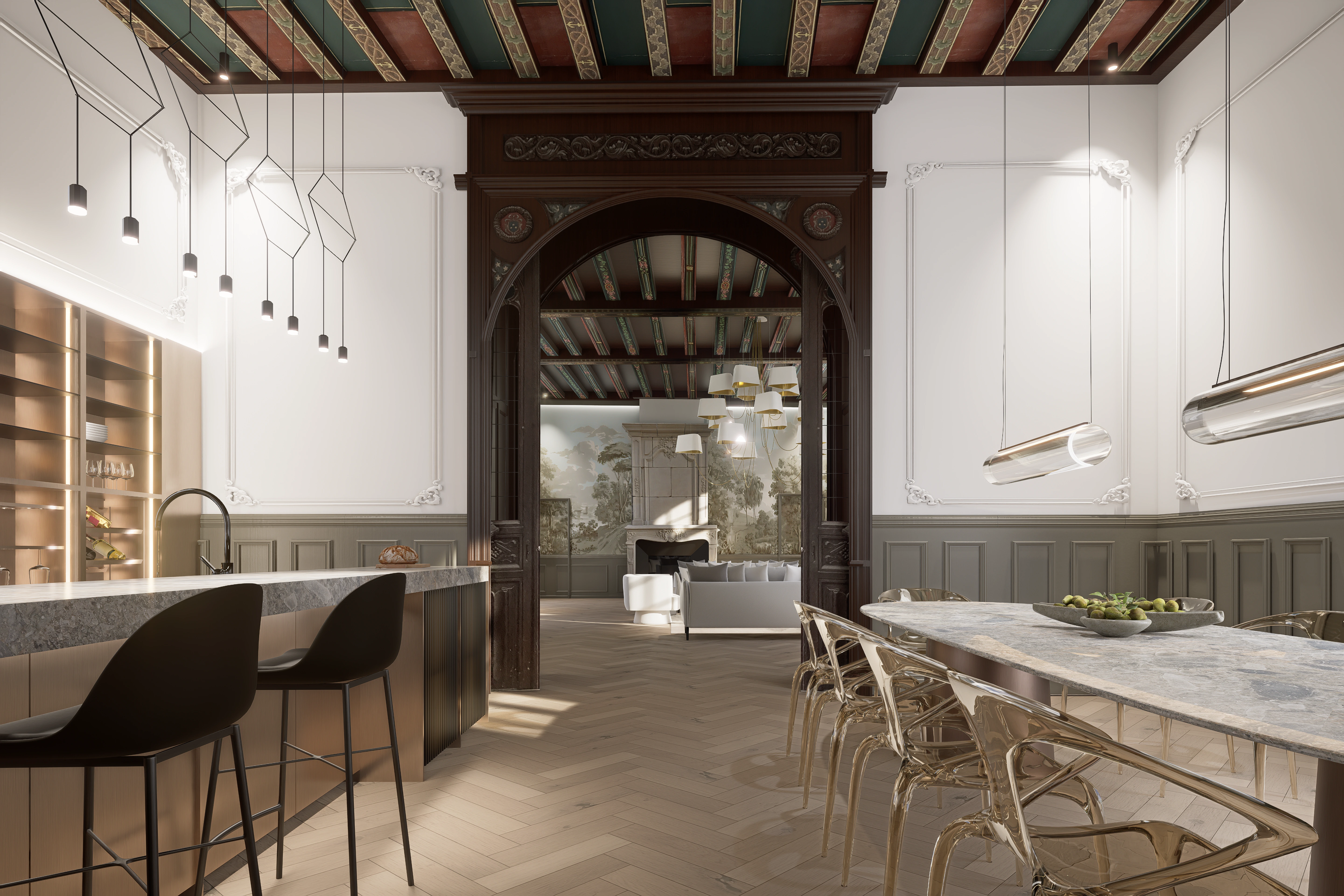 Rénovation salon et cuisine dans un château Art Nouveau à Angers. Matériaux nobles, parquet point de Hongrie, papiers peints sur mesure et cuisine italienne de luxe par Grid Studio.