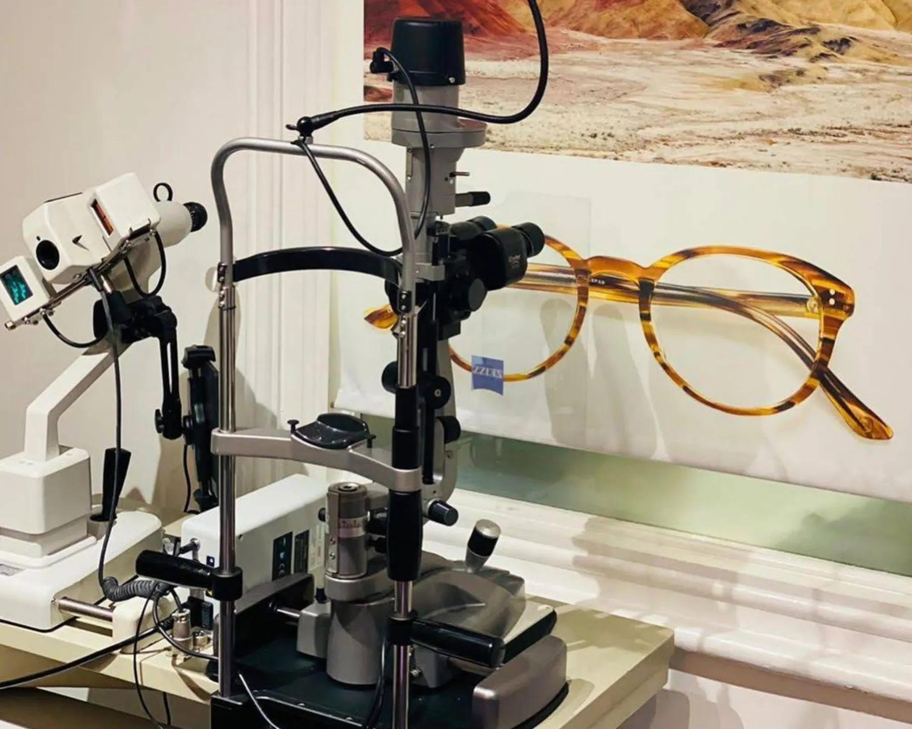 Ophthalmology equipment with phoropter and tortoiseshell glasses for vision testing
