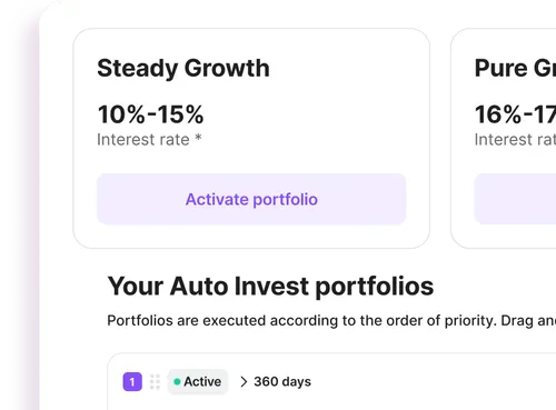 Auto invest portfolio options displaying steady growth with 10%-15% interest rate and an activate portfolio button.