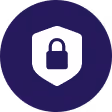 White padlock icon inside a hexagon on a dark blue circular background representing security.