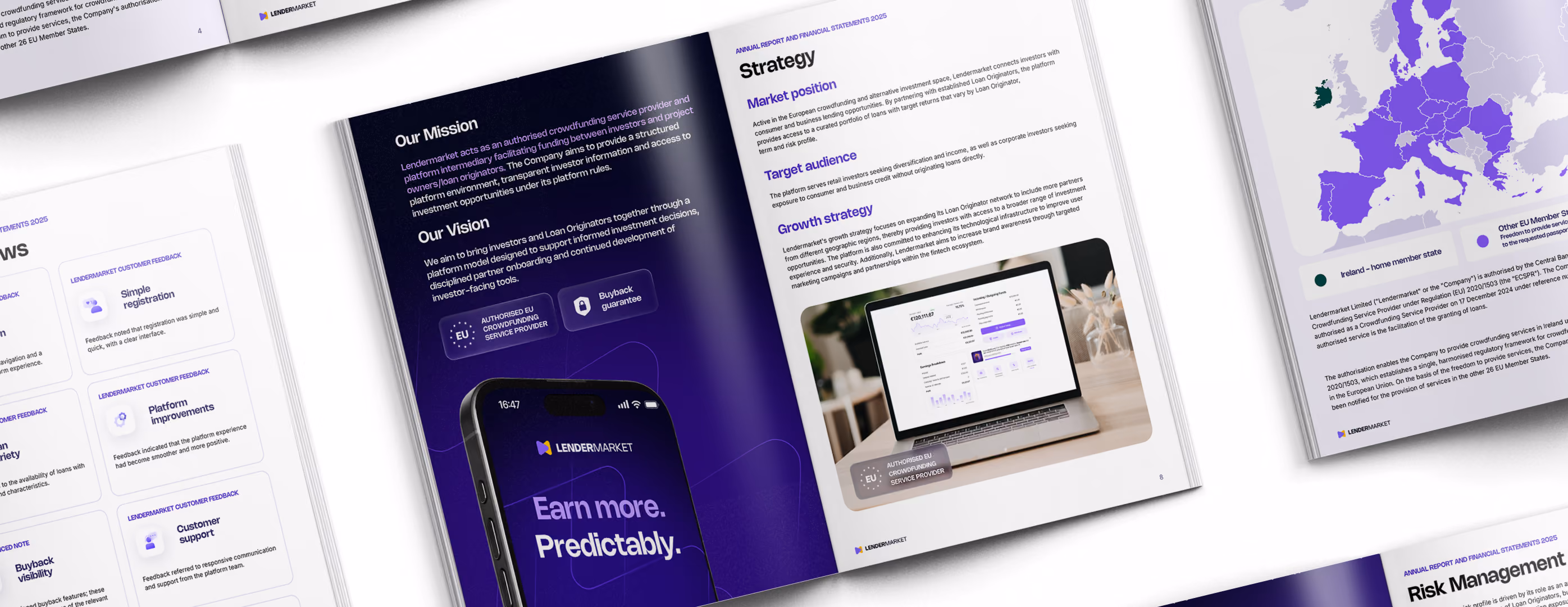 Open annual report pages showing Lendermarket's 2024 milestones with €68.5M total loans funded, €103.9M total loans originated, and 15.90% average annual return, plus strategy and platform update details.