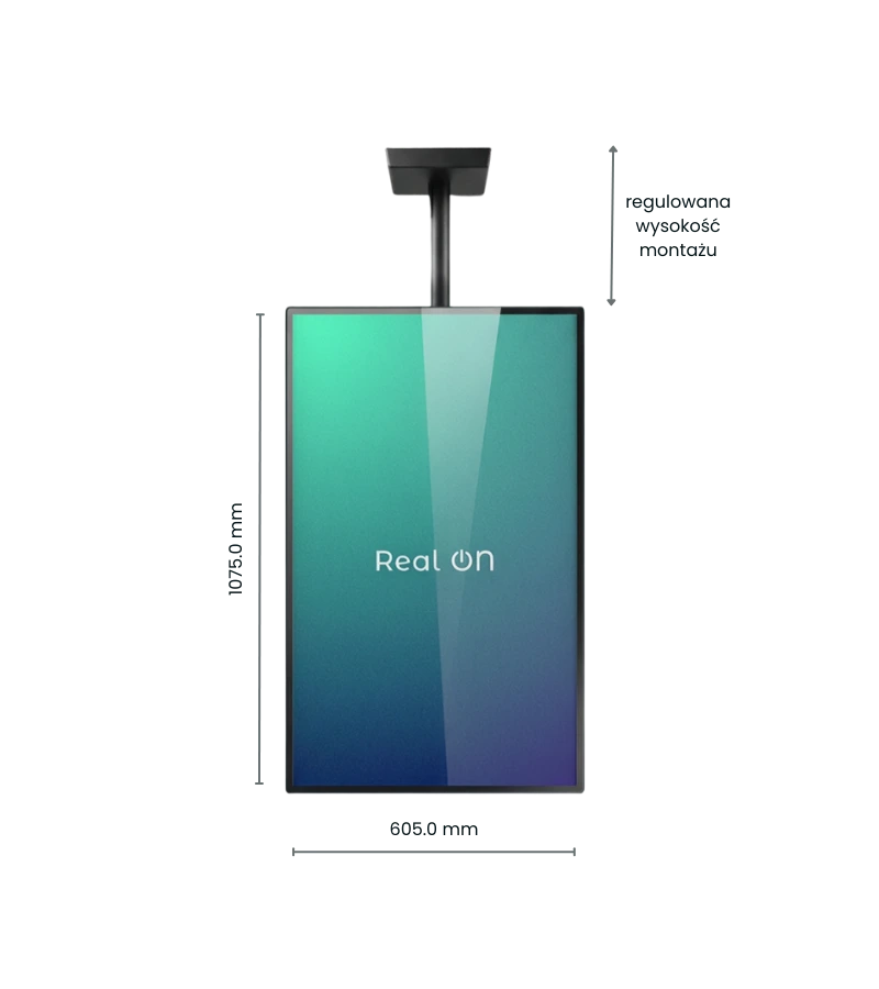 Wyświetlacz witrynowy Real ON – wymiary urządzenia, nowoczesna komunikacja wizualna digital signage Warszawa