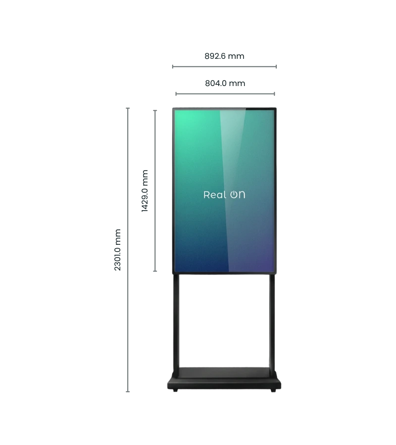 Wyświetlacz witrynowy Real ON – wymiary urządzenia, nowoczesna komunikacja wizualna digital signage Warszawa