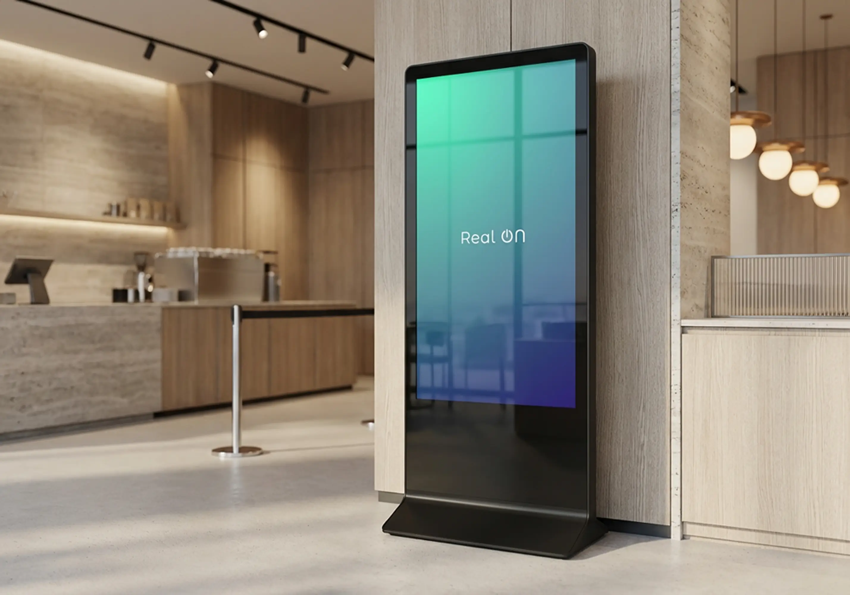 Totem wewnętrzny marki Real ON - digital signage i wyświetlacze reklamowe premium Warszawa