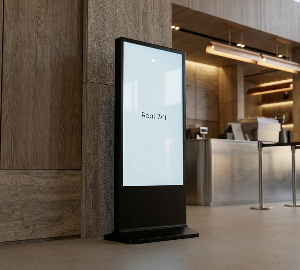 Totem wewnętrzny marki Real ON - digital signage i wyświetlacze reklamowe premium Warszawa
