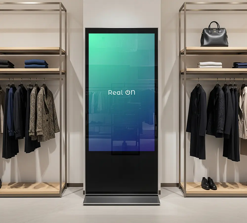 Totem wewnętrzny marki Real ON - digital signage i wyświetlacze reklamowe premium Warszawa