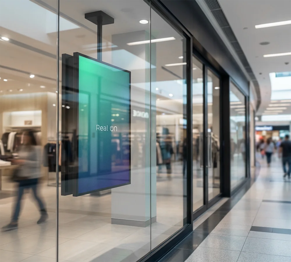 Wyświetlacz witrynowy marki Real ON - digital signage i wyświetlacze reklamowe premium Warszawa