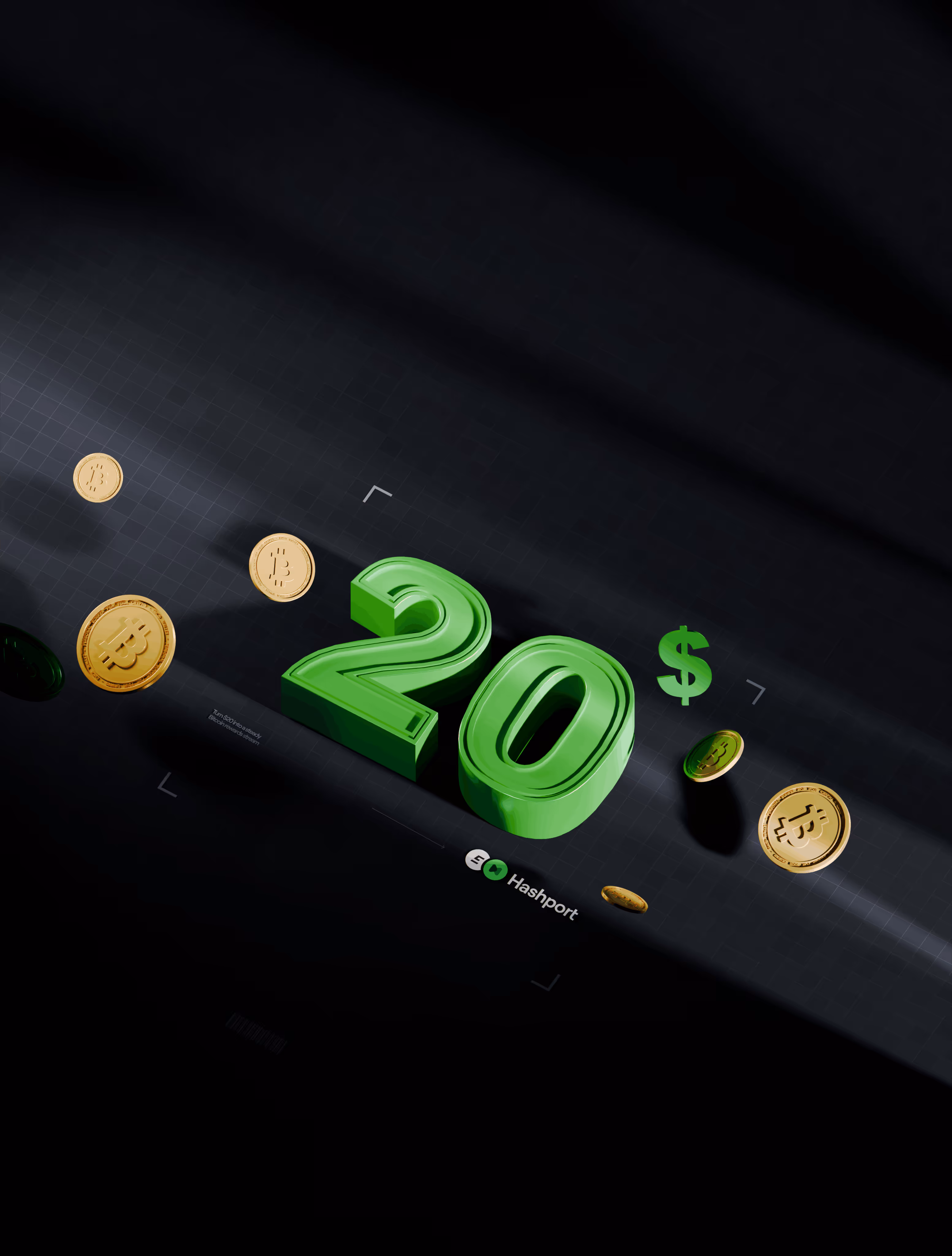 Green 3D number 20 with floating gold bitcoin coins and a green dollar sign on dark grid background with Hashport logo.