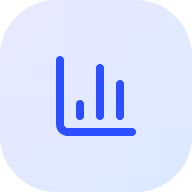 Blue icon of a bar chart with three vertical bars on a light circular background.