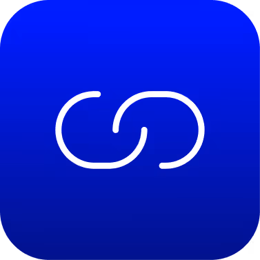 White broken chain link icon on a rounded blue square background.