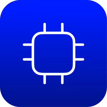 White microchip icon on a rounded square blue gradient background.