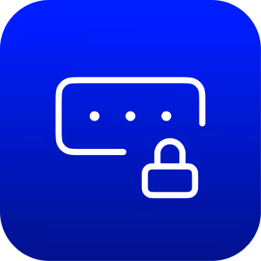 Icon of a white chat bubble with three dots and a padlock on a blue rounded square background.