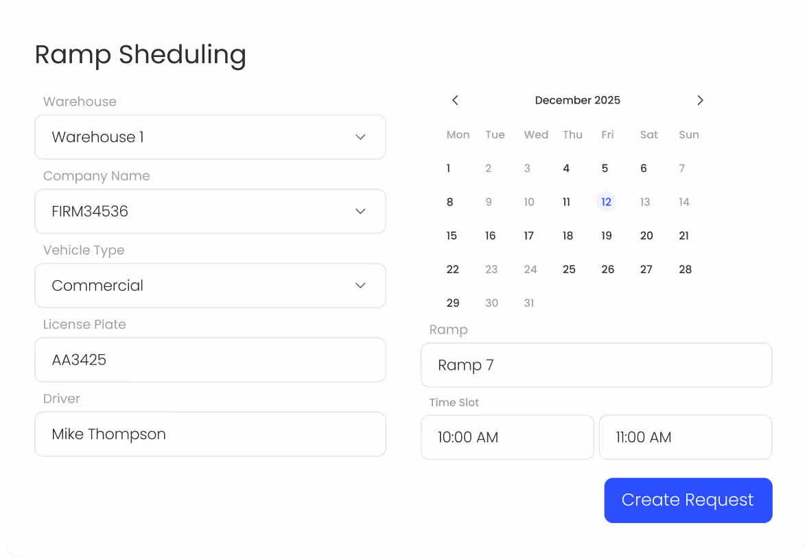 Rampa Rezervasyon form showing dropdowns for Depo, Firma Adı, Araç Tipi, text inputs for Plaka, Sürücü, Rampa, Saat Aralığı, and a calendar highlighting December 12, 2025, with a blue button labeled Talebi Oluştur.
