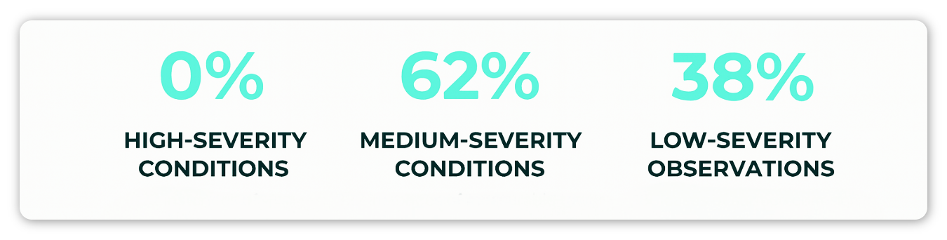 Infographic showing 0% high-severity conditions, 62% medium-severity conditions, and 38% low-severity observations.