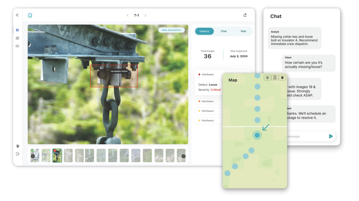 DetectOS interface showing annotated image of loose clevis bolt, critical defect details, and geolocation map.