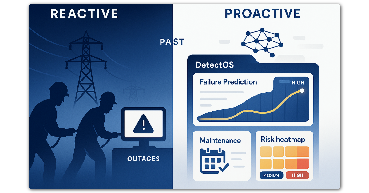 Comparison between reactive outage responses and proactive utility asset management using DetectOS failure prediction and risk heatmaps.