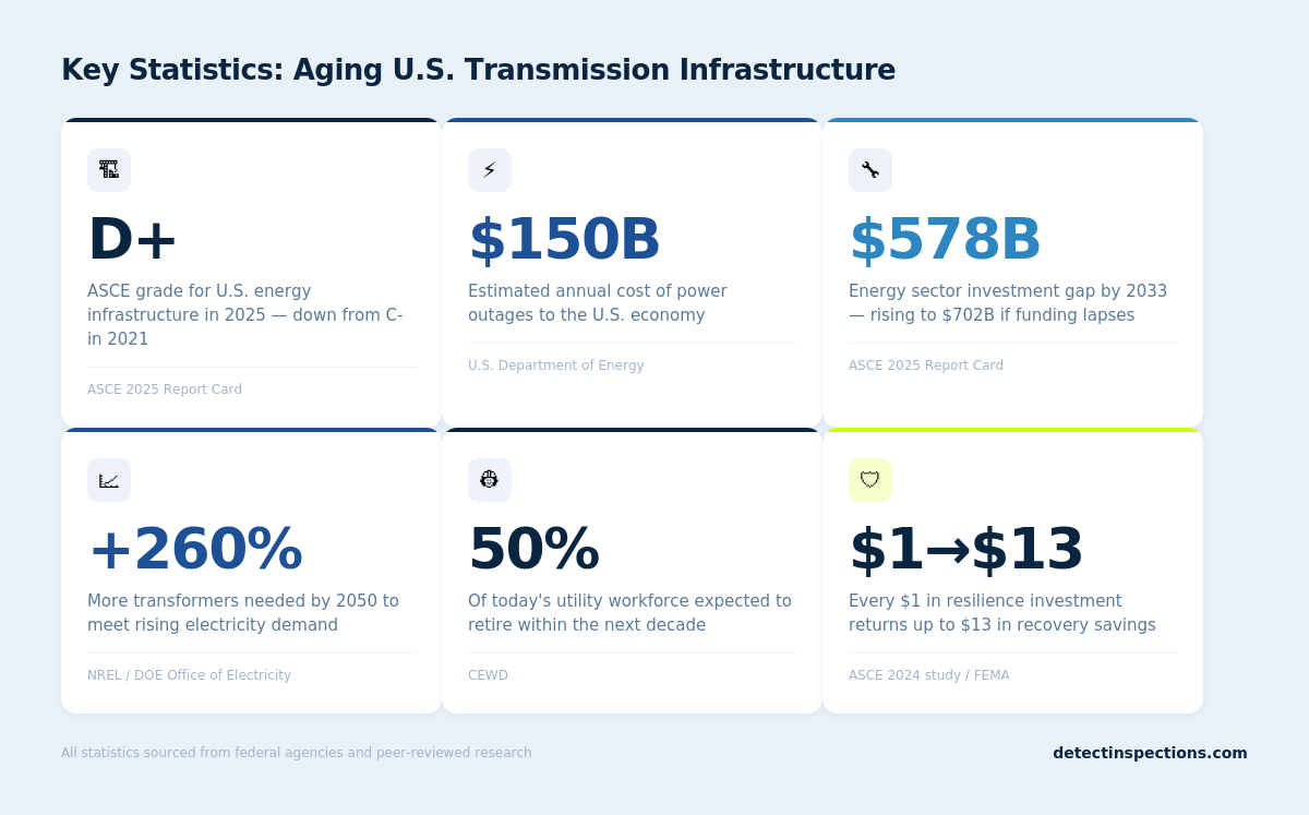 Six white stat cards in a two-by-three grid titled "Key Statistics: Aging U.S. Transmission Infrastructure." Cards display: D+ ASCE grade for energy infrastructure in 2025, down from C- in 2021. $150 billion estimated annual cost of power outages per the Department of Energy. $578 billion energy sector investment gap by 2033 per ASCE. Plus 260% more transformers needed by 2050 per NREL. 50% of today's utility workforce expected to retire within the decade per CEWD. And $1 returning $13 in resilience investment savings per ASCE 2024 and FEMA. Each card has a colored top accent bar in navy, cobalt blue, or volt yellow, with the source cited below the description.