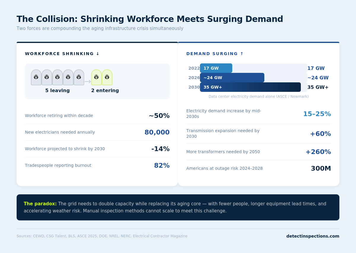 Dual-panel graphic titled "The Collision: Shrinking Workforce Meets Surging Demand." Left panel labeled "Workforce Shrinking" shows five worker icons representing those leaving the trade with an arrow pointing to two worker icons entering, illustrating the 5-to-2 replacement ratio. Stats list 50% of workforce retiring within the decade, 80,000 new electricians needed annually, a projected 14% workforce shrink by 2030, and 82% burnout among tradespeople. Right panel labeled "Demand Surging" shows horizontal bars for data center electricity demand growing from 17 gigawatts in 2022 to 35 gigawatts by 2030. Stats show 15–25% demand increase, 60% transmission expansion needed, 260% more transformers required by 2050, and 300 million Americans at outage risk. A dark navy bar at the bottom reads "The paradox" in volt yellow.