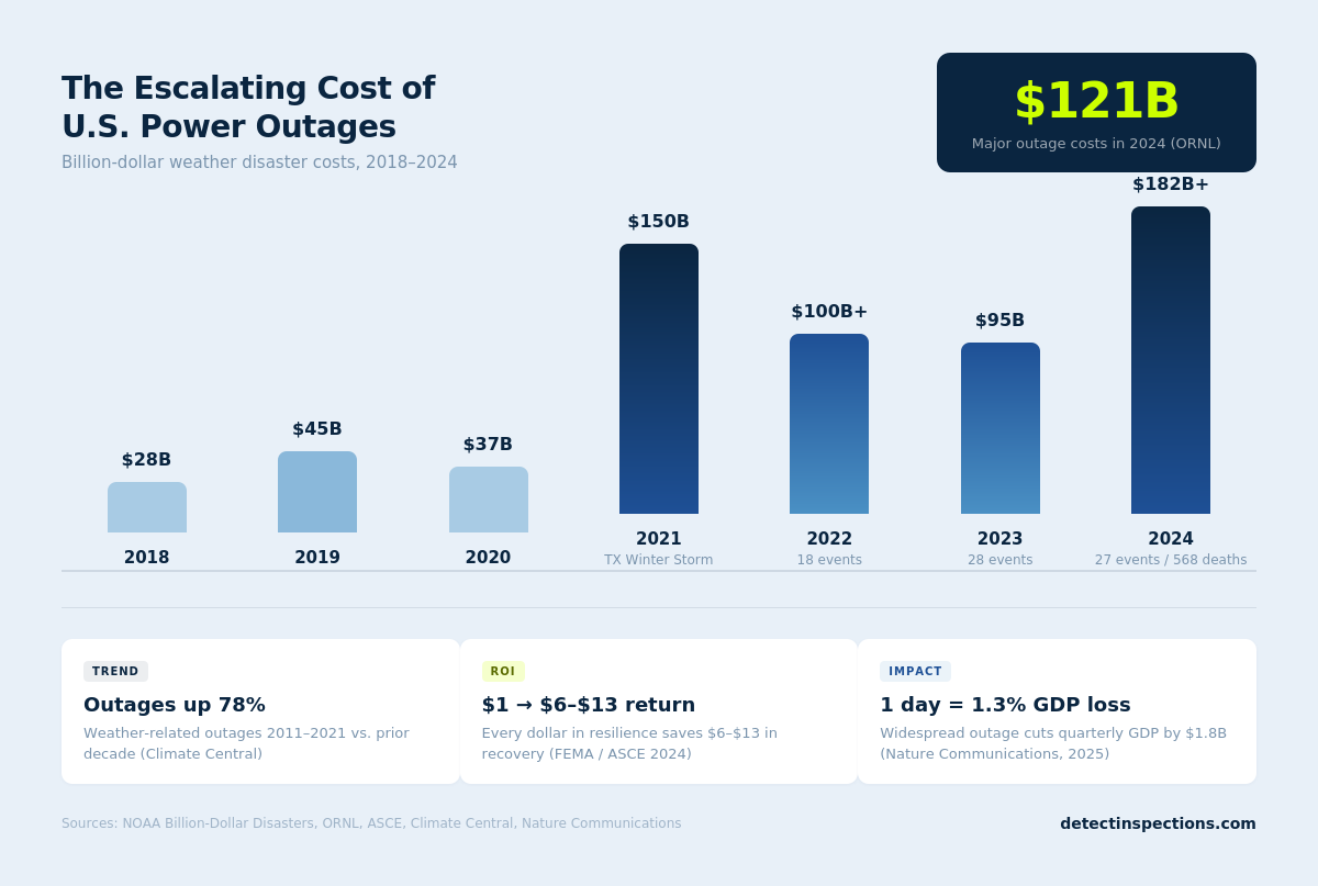 Bar chart titled "The Escalating Cost of U.S. Power Outages" showing billion-dollar weather disaster costs from 2018 to 2024. Bars rise from $28 billion in 2018 to $182 billion in 2024, with a sharp spike in 2021 at $150 billion during the Texas Winter Storm. A dark navy callout box displays $121 billion in volt yellow, representing major outage costs in 2024 per Oak Ridge National Laboratory. Three insight cards below the chart highlight: weather-related outages up 78% from 2011-2021, every $1 in resilience returning $6-$13 in recovery savings, and a single 1-day widespread outage reducing quarterly GDP by 1.3% per a 2025 Nature Communications study.