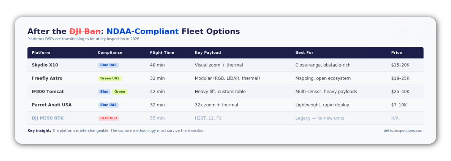 NDAA-compliant drone fleet options for utility inspection: Skydio X10, Freefly Astro, IF800 Tomcat 99