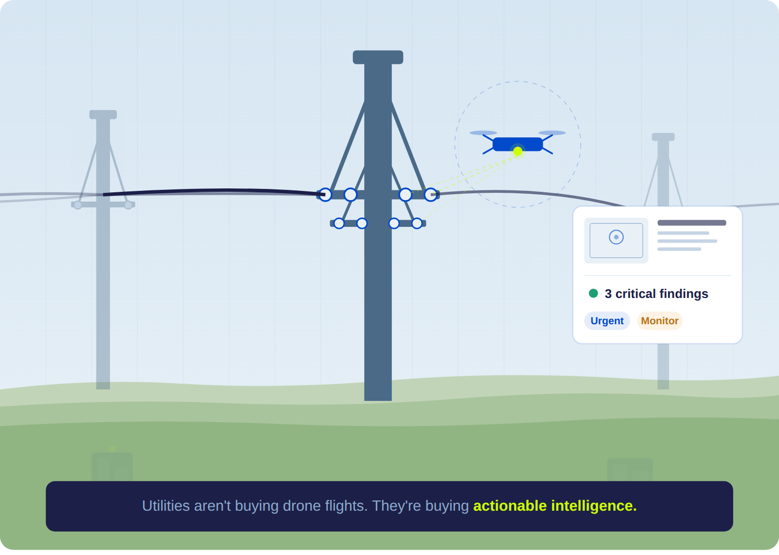 Drone inspecting a transmission tower with scan lines connecting to insulators and a floating findings card