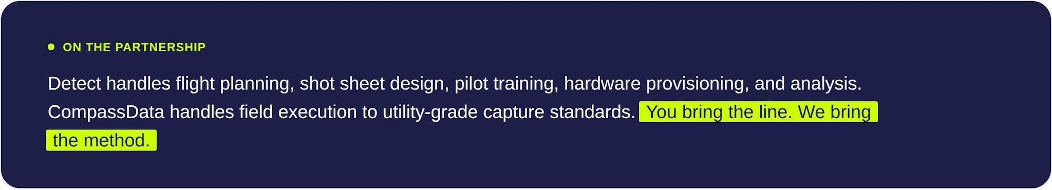 Partnership callout: Detect handles planning, training, and analysis; CompassData handles utility-grade field capture