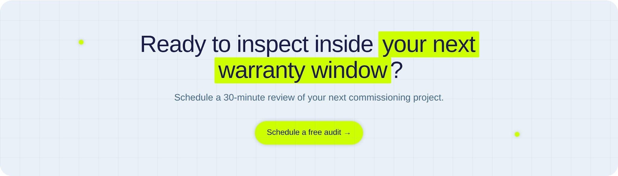 Call to action inviting utilities to schedule a 30-minute commissioning review and free inspection audit