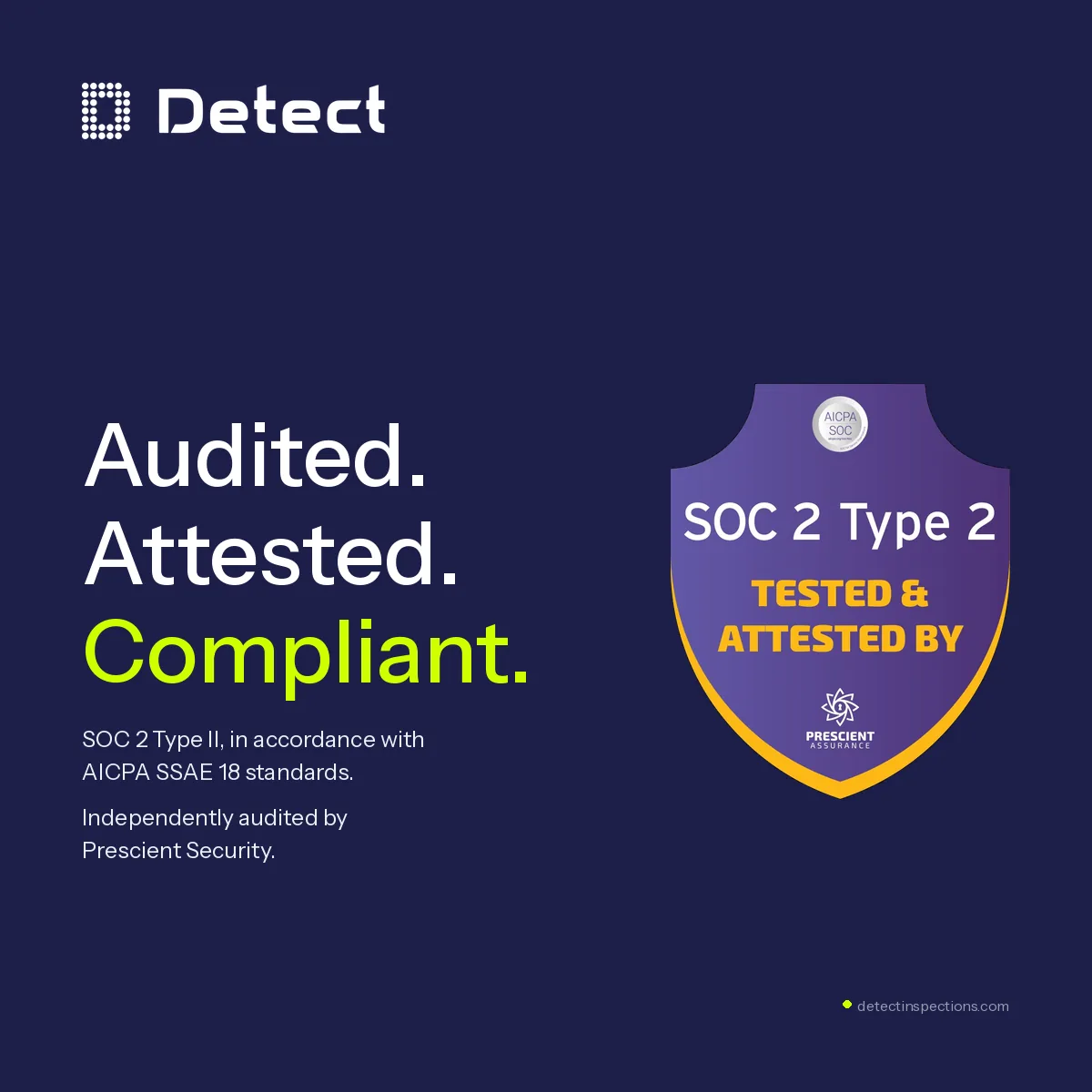 Detect graphic announcing SOC 2 Type II compliance, audited by Prescient Security, with a SOC 2 Type 2 attestation badge