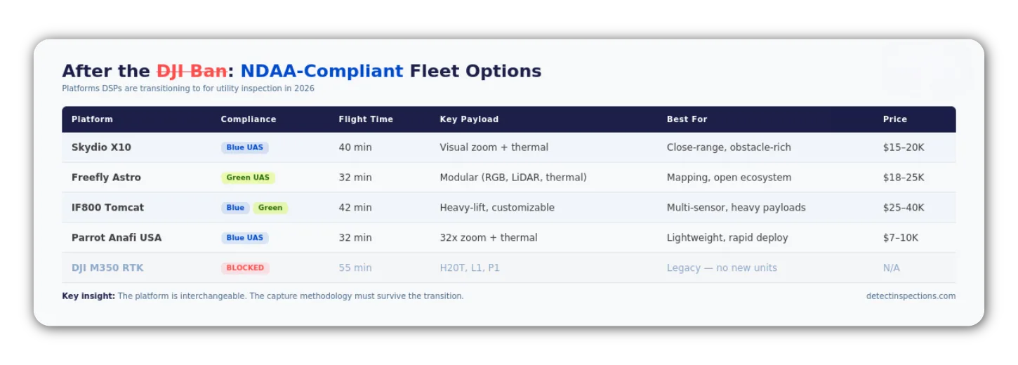 NDAA-compliant drone fleet options for utility inspection: Skydio X10, Freefly Astro, IF800 Tomcat 99